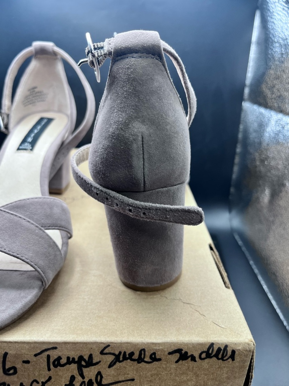 Steve Madden Taupe Suede Block Heel Sandals with Ankle Strap - Picture 5 of 6